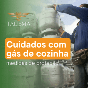 Imagem de um homem empilhando botijões de gás butano. Ao lado, há o texto “Cuidados com gás de cozinha, medidas de proteção".