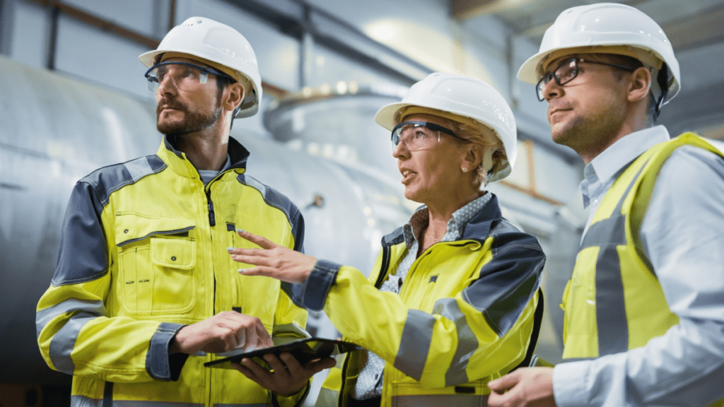 Trabalhadores analisando os riscos existentes no ambiente de trabalho.