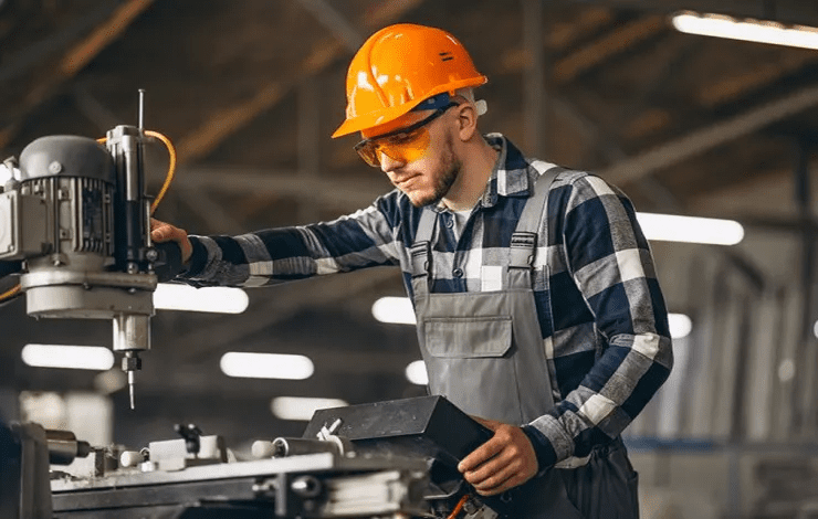 Operário realizando trabalho com o uso de máquina.