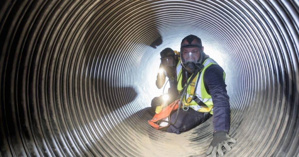 Colaborador em espaço confinado, classificado como risco de pressões anormais.