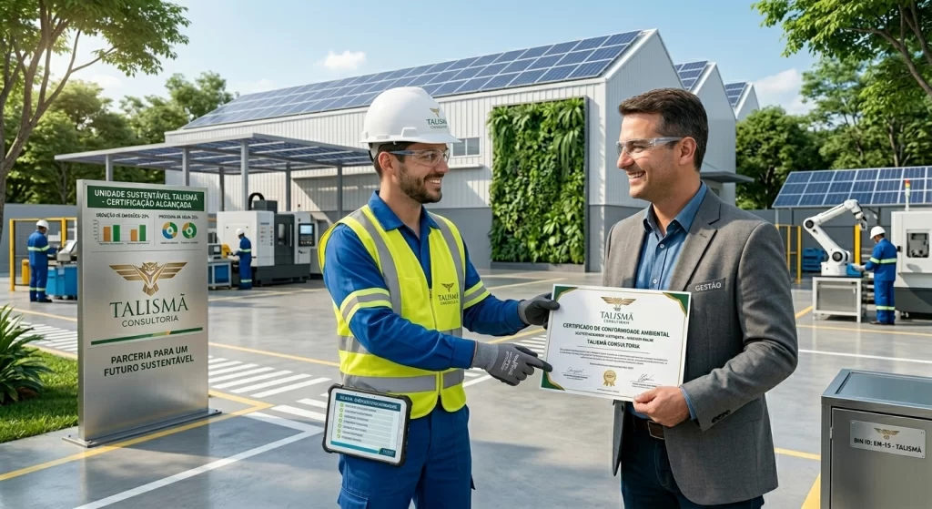 Práticas sustentáveis: Como transformar sua empresa e reduzir custos operacionais 7 Gestor industrial recebendo certificação de práticas sustentáveis após consultoria da Talismã