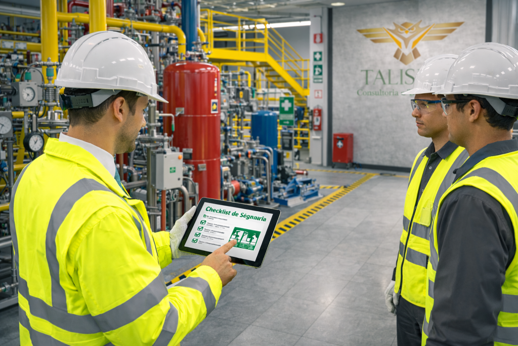 auditoria de segurança do trabalho realizada em ambiente industrial com inspeção de equipamentos