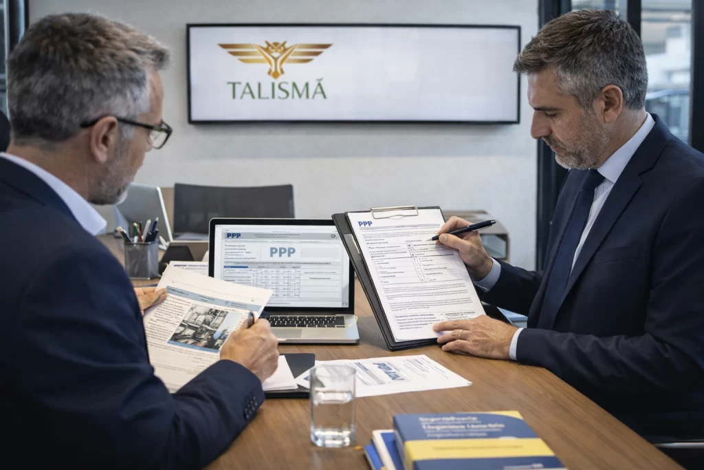 consultores revisando e preenchendo o Perfil Profissiográfico Previdenciário (PPP) em escritório moderno