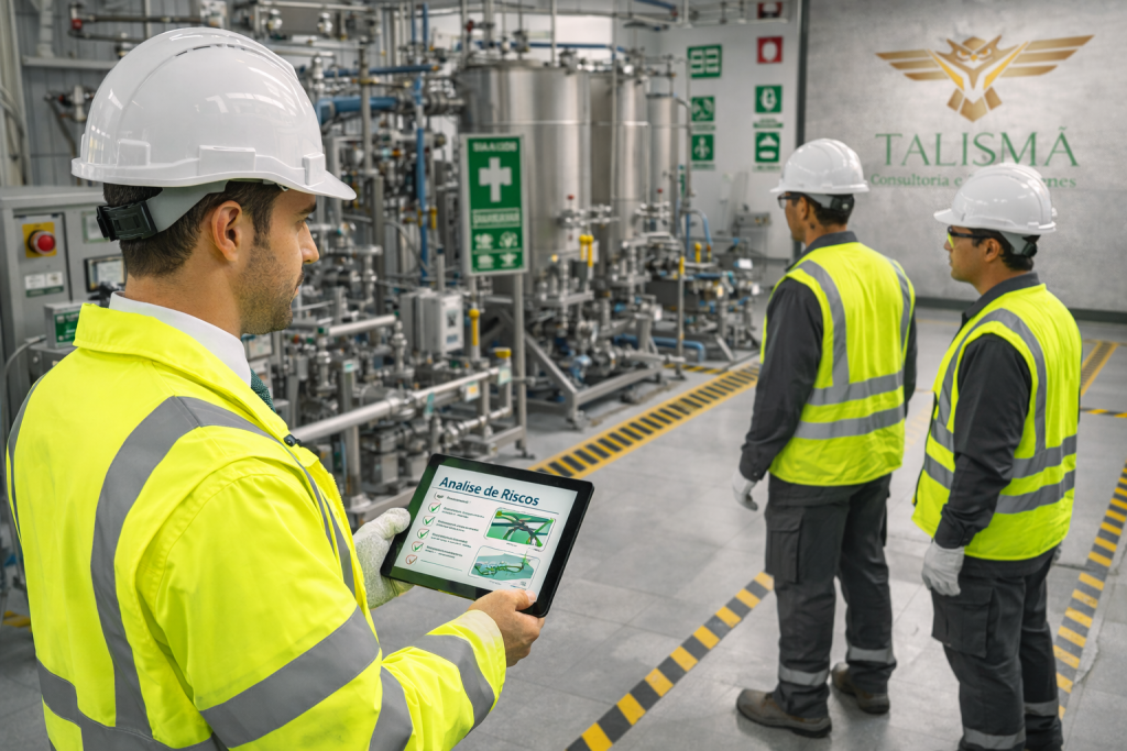 Engenheiro realizando análise de riscos em ambiente industrial com práticas de segurança do trabalho