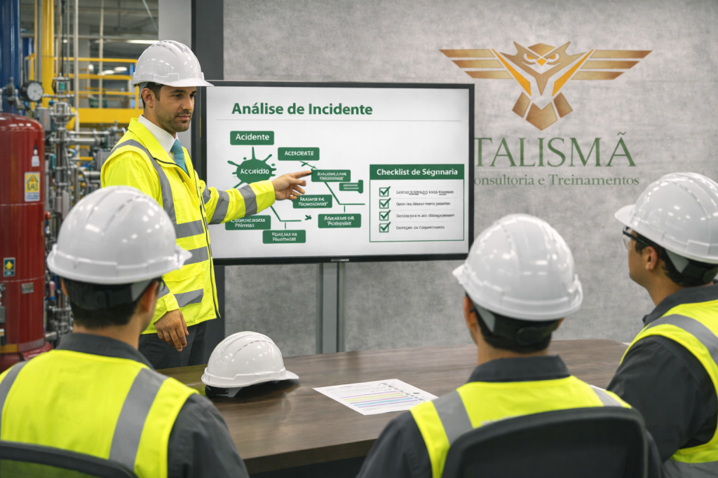 equipe analisando investigação de incidente para melhorar a segurança do trabalho na empresa
