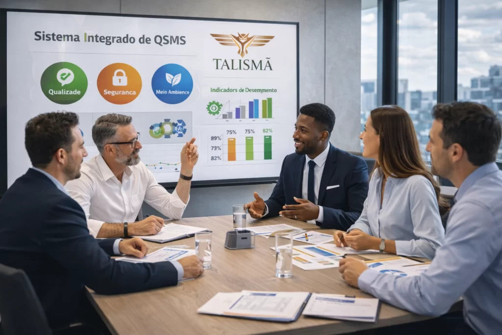 equipe discutindo a implementação de um sistema integrado de QSMS em sala de reunião corporativa