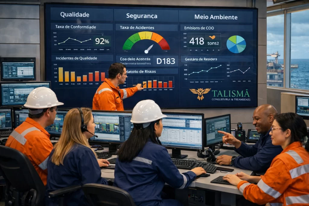 equipe em sala de controle monitorando dados do sistema integrado de QSMS em ambiente industrial