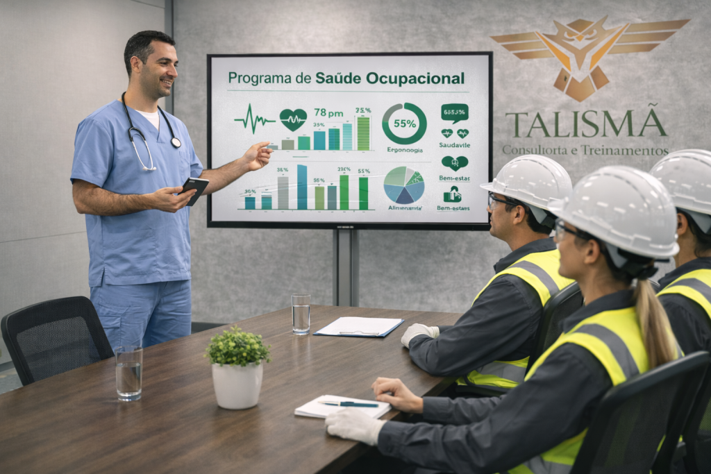 Invista na saúde ocupacional e bem-estar dos colaboradores 3 especialista apresentando programa de saúde ocupacional para colaboradores em ambiente corporativo