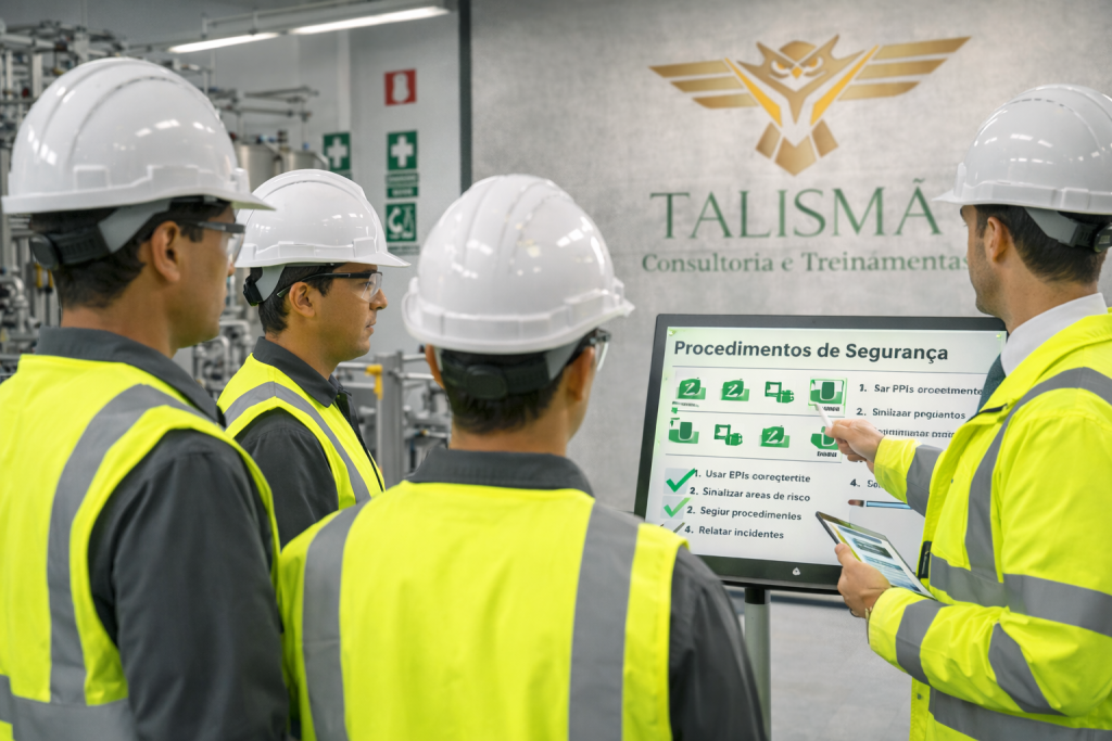 treinamento em segurança do trabalho com colaboradores utilizando EPIs em ambiente industrial