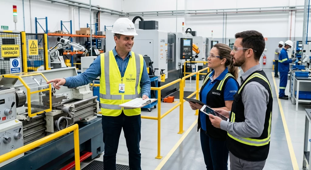 Consultoria técnica da Talismã auxiliando empresa no cumprimento das exigências legais das NRs em ambiente industrial