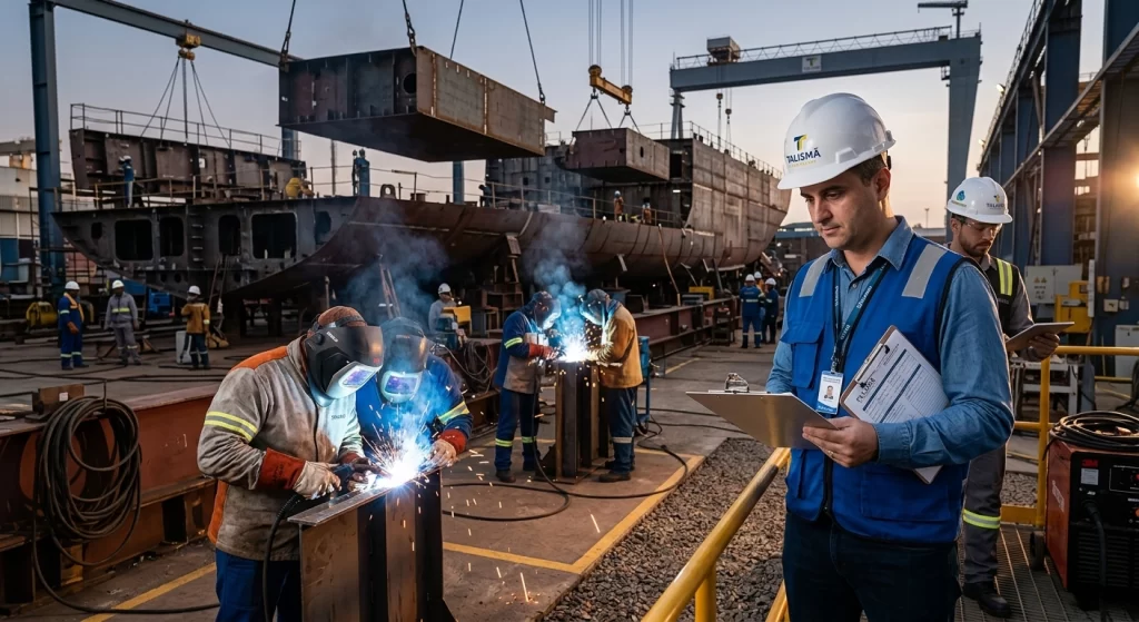 Operação de soldagem segura seguindo os protocolos da NR-34 e consultoria técnica da Talismã